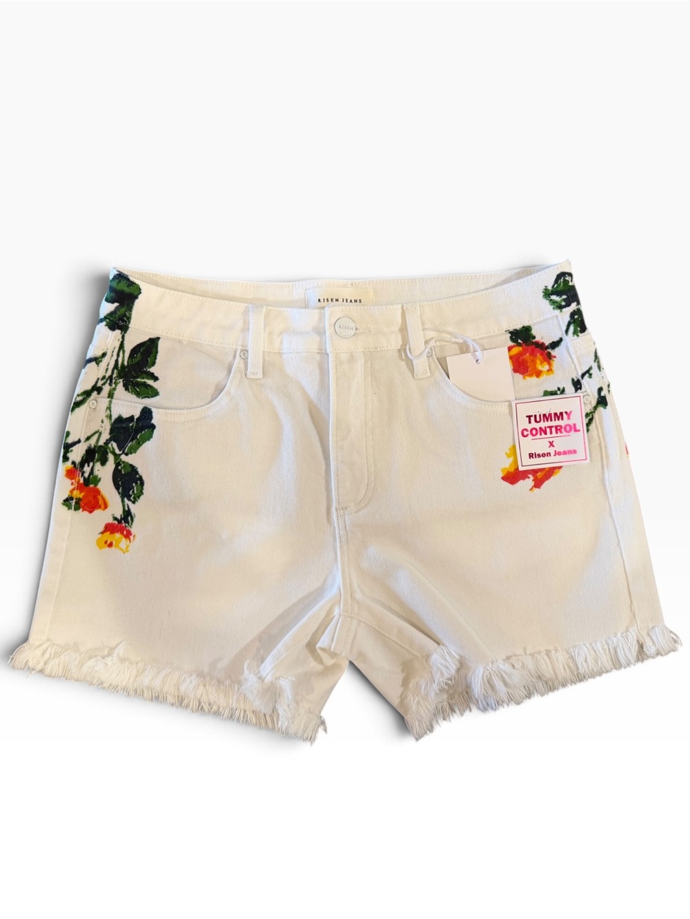 Risen White Floral Embroidered Jean Shorts with Tummy Control